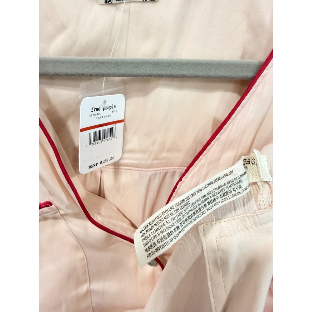 Free People Intimately Satin Pajama Set Sugar Pink Red Piping XS NEW - Picture 8 of 14